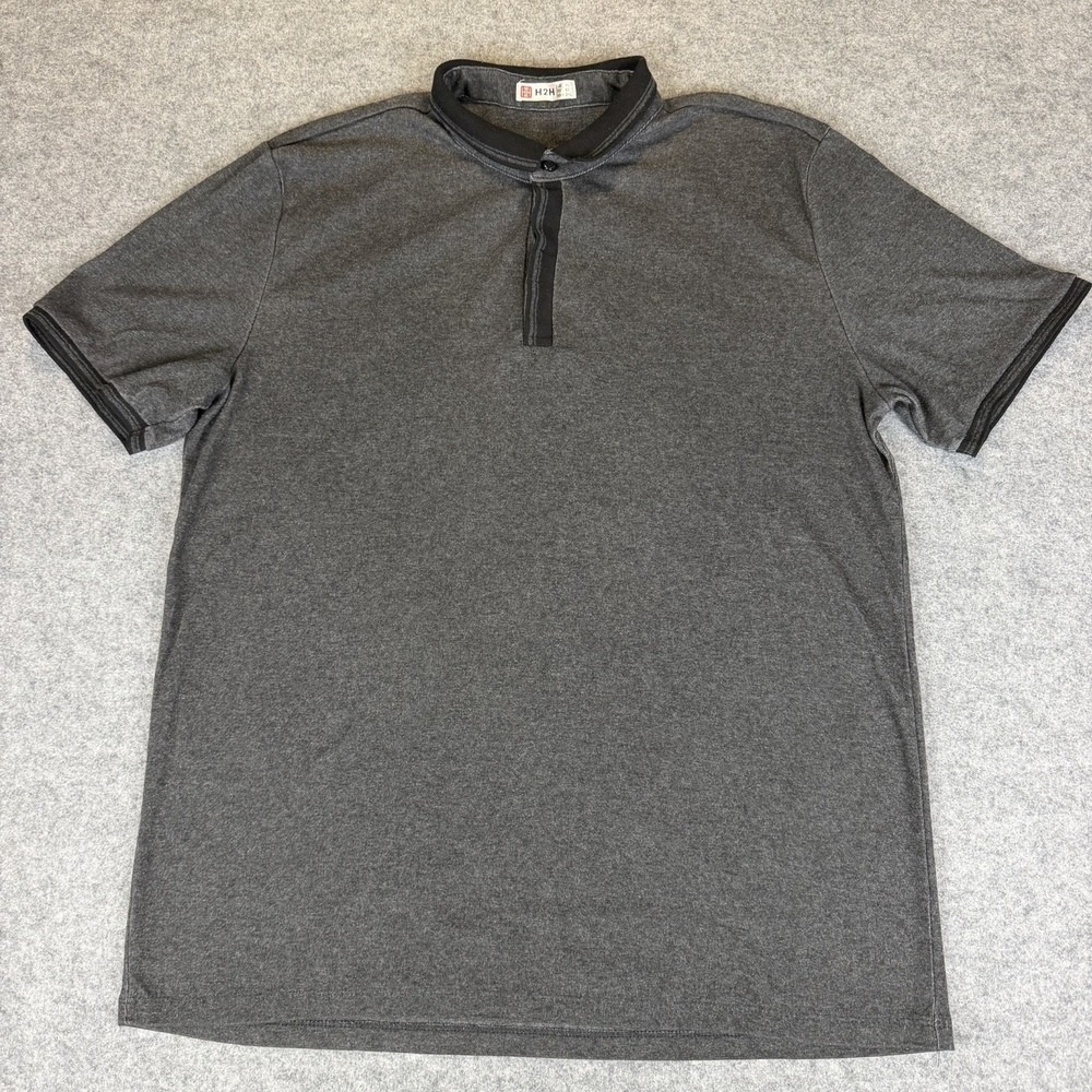 H2H Mens XL Polo Shirt Mandarin Collar Short Sleeve Casual Grey Charcoal Tee